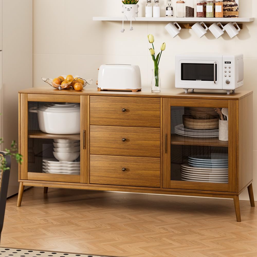 Buffet Sideboard Cupboard Cabinet Glass Doors Drawers Storage Table Oak