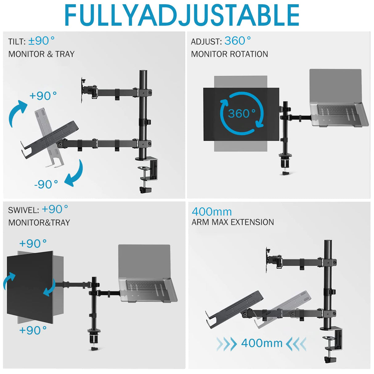 Dual Monitor Stand with Laptop Tray,Dual Monitor Arm Desk Mounts,Desk Monitor Arm Laptop Stand,Monitor Arm with Laptop Stand,Screen Mount with Laptop Arm,Vesa Mount Up to 8Kg Gaming Screens