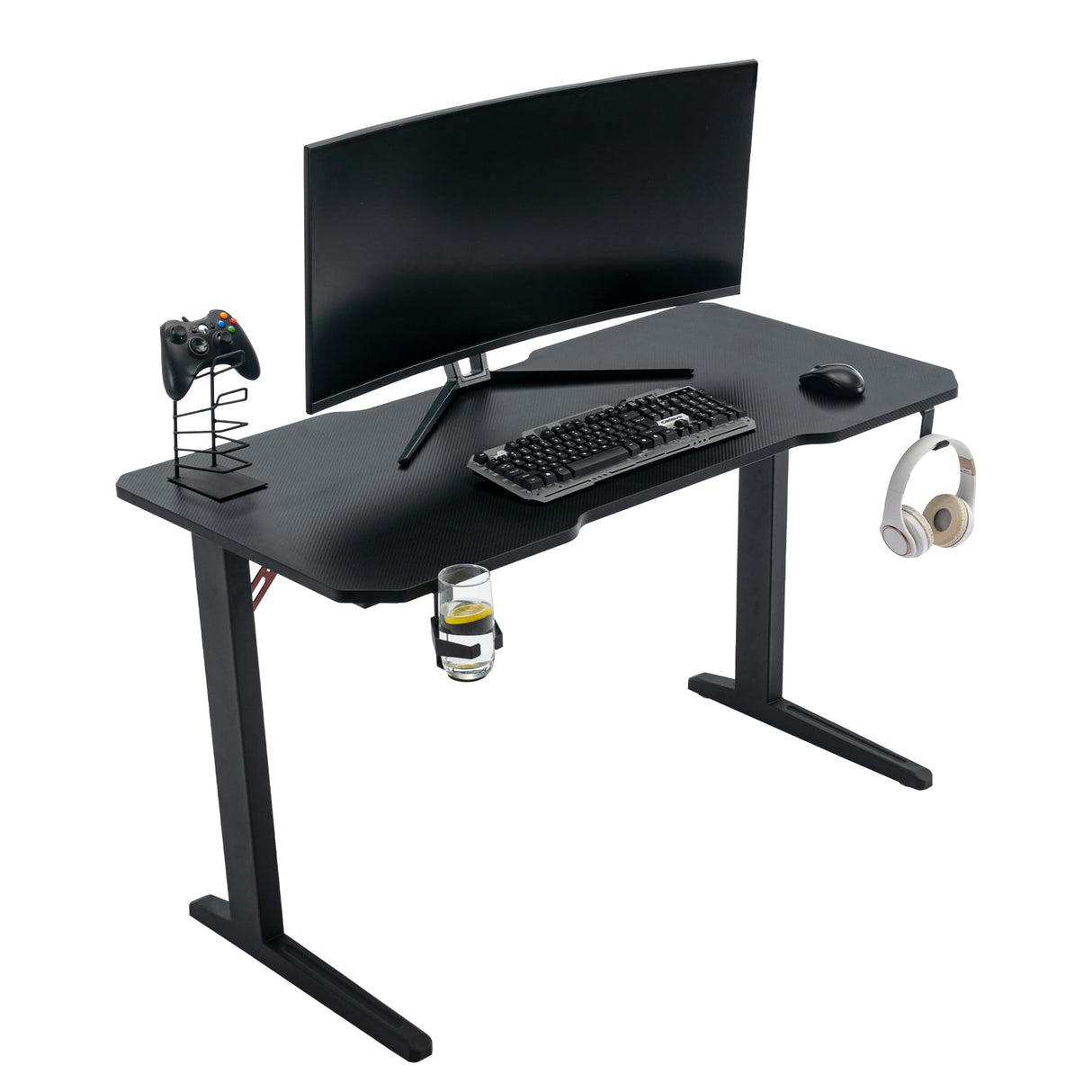 120 CM Gaming Desk Carbon Fiber Surface Gaming Desk Large Computer Desk Ergonomic Home Office Desk L Computer Gamer Workstation with Cup Holder and Headphone Hooks