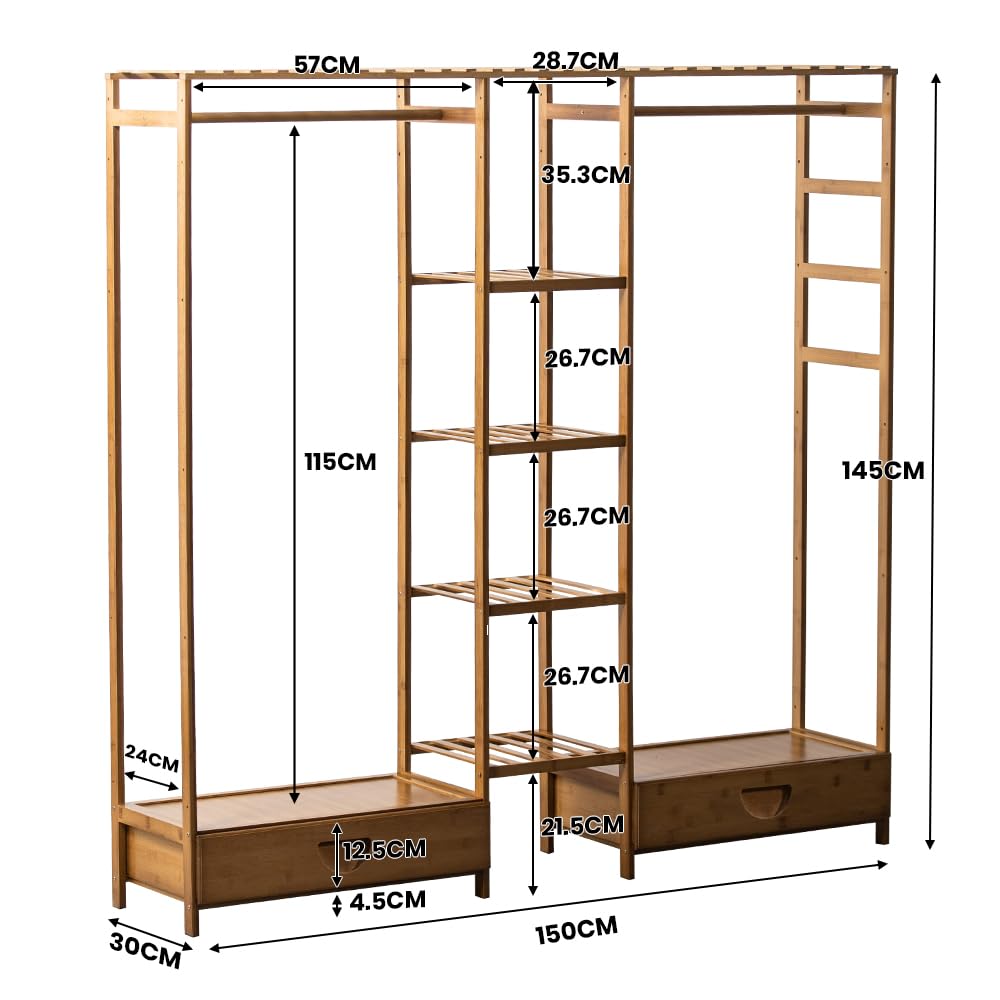 Bamboo Clothes Hanging Rack, Garment Rack with Shelves, Open Wardrobe with Shelves, Clothing Rack with Shelves (150x30x145cm-Brown)