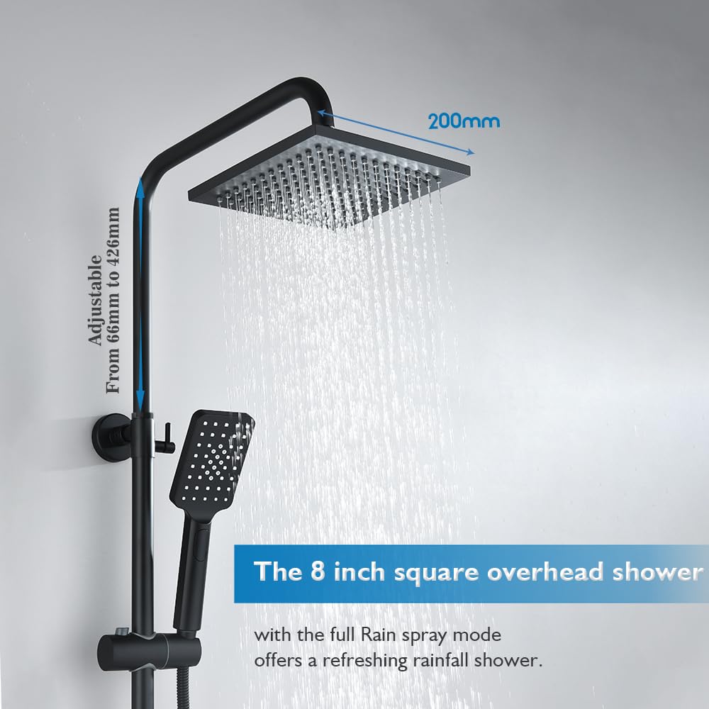 WELS Twin Hose Shower System 8" Rain Shower Head Set Sliding Rail 3-Mode Handheld Shower Head 2 in 1 Set (Square Head Black)