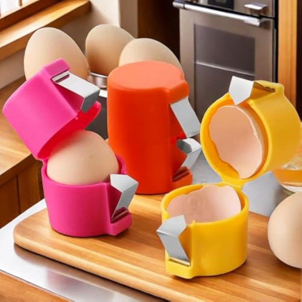 3 Egg openers for Boiled Eggs, a Blender and Separator for Cooking, Baking, Camping Kitchen Utensils (Yellow+Orange+Pink)