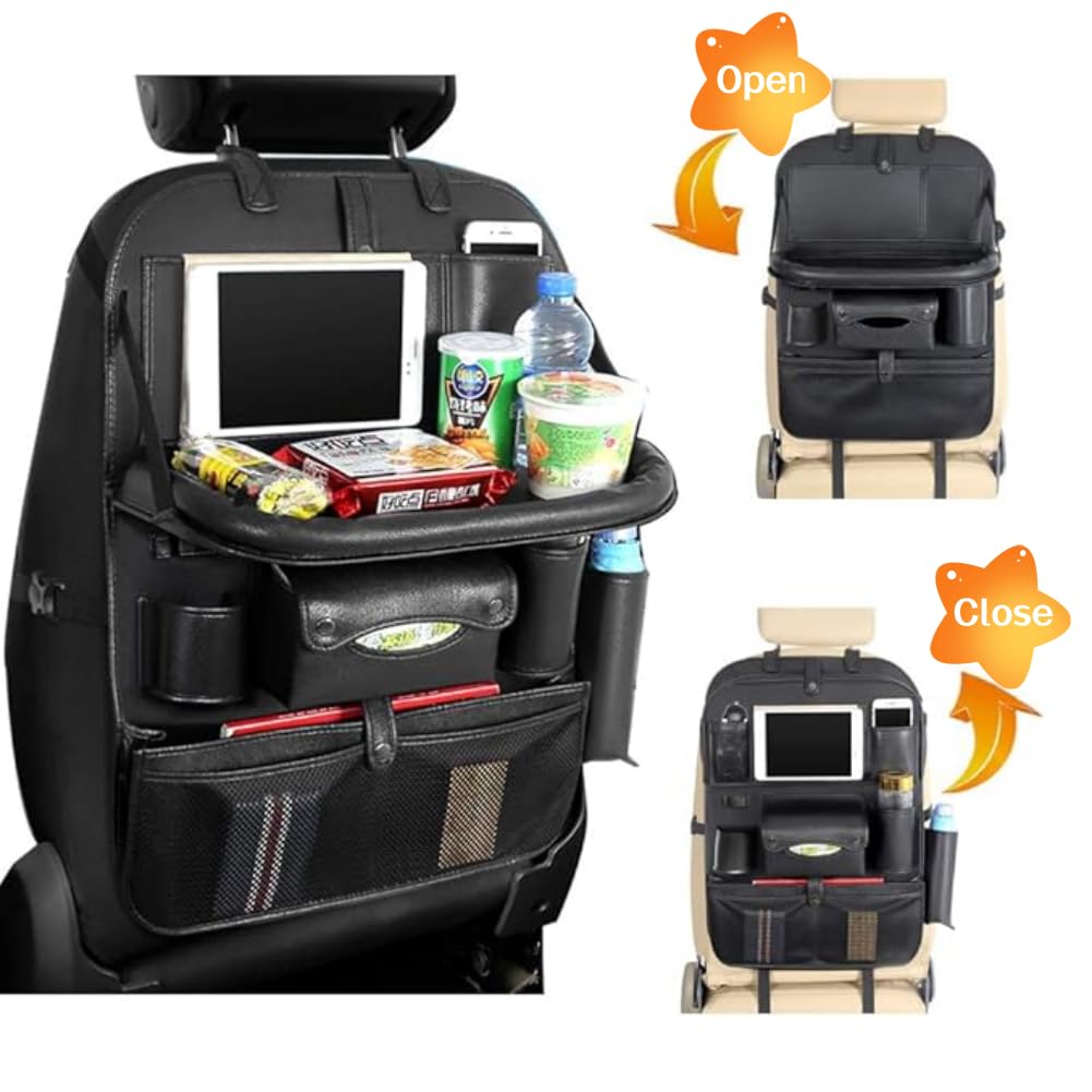 Car Backseat Organizer Car Organizer Leather Car Seat Organizer, Multi-Function Storage Folding Table Waterproof and Stain-Resistant Large Capacity（Black）