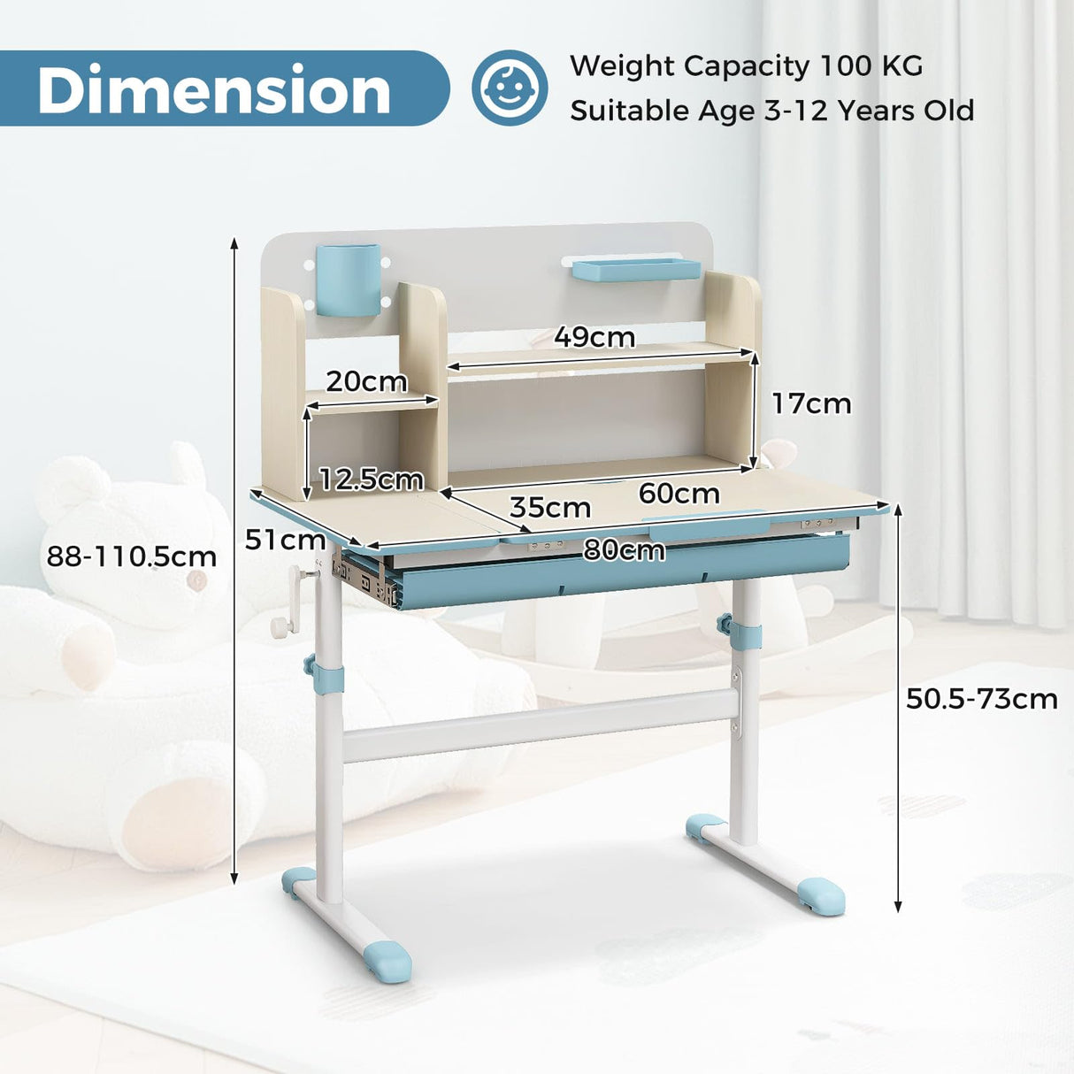 Kids Study Desk, Height Adjustable Children Writing Table w/Tilt Desktop, Home School Student Learning Desk w/Hutch, Storage Drawer, Tray, Pen Holder & Scale Ruler for 3-12 Years, Blue