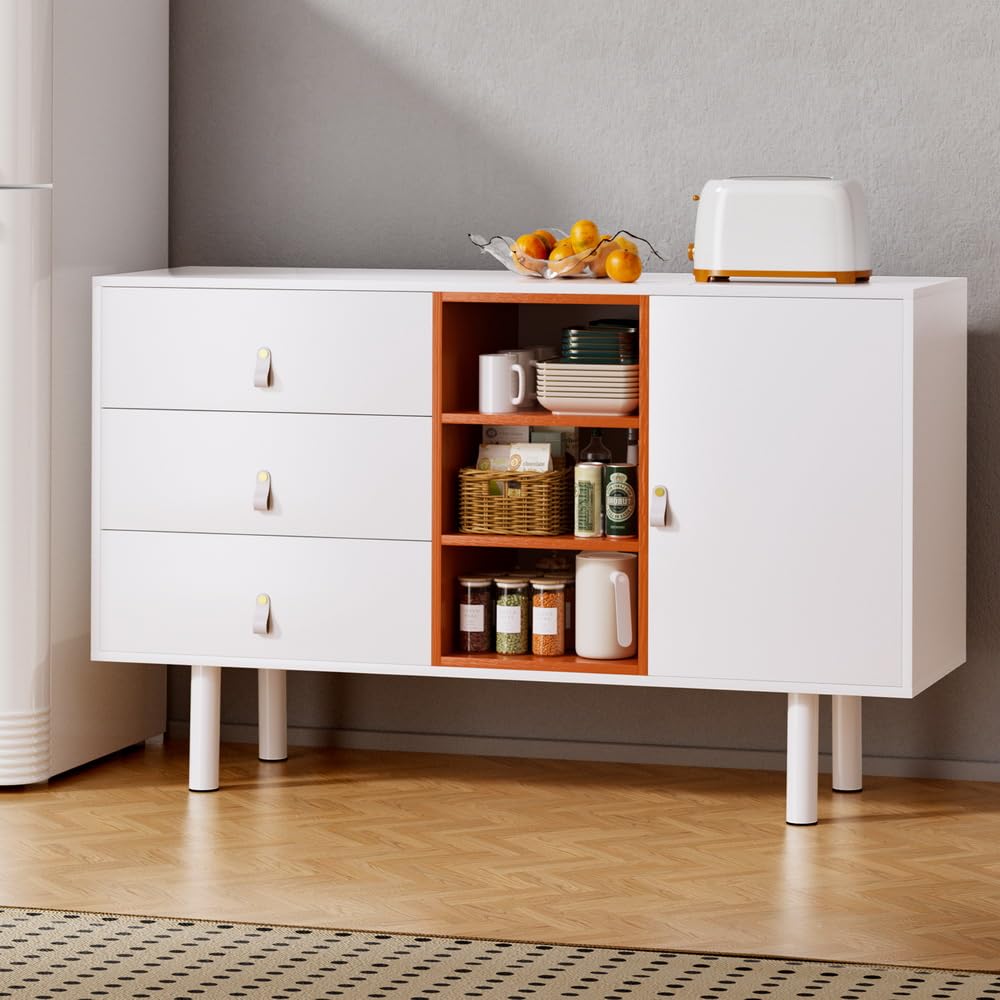 Buffet Sideboard Cupboard Cabinet Shelves Drawers Tabletop White Orange