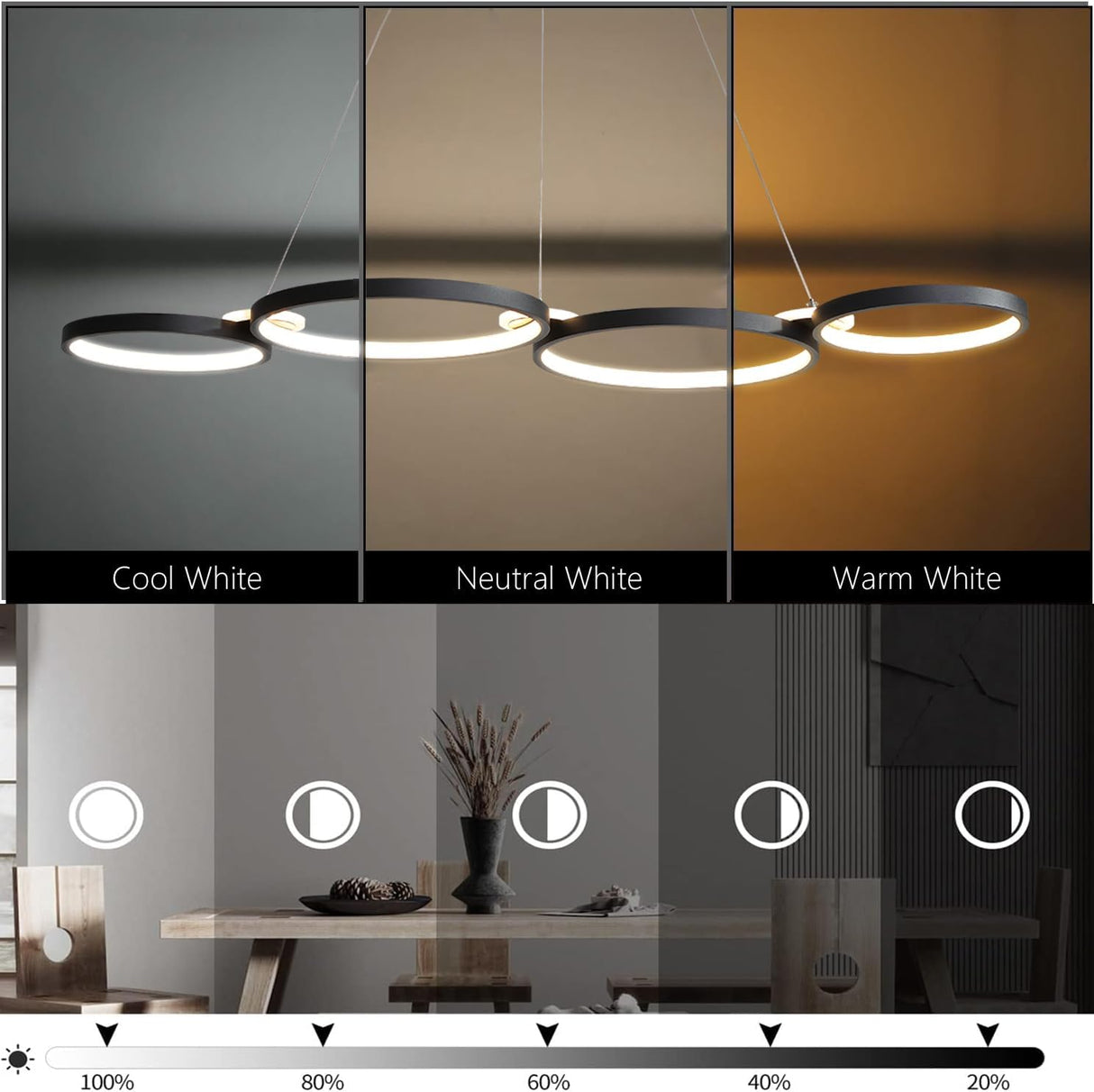 Dimmable LED Pendant Light for Dining Room Adjustable Height Chandelier 4 Black Rings Modern Pendant Lamp for Kitchen Island Living Room Office 60 Watt / 107 cm