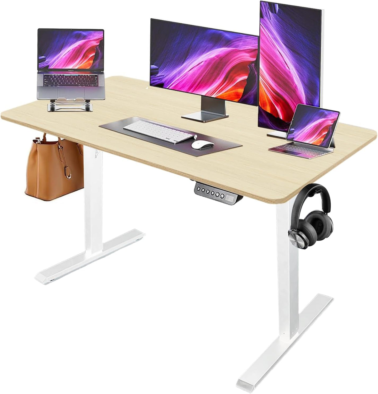 Electric Standing Desk - Motorized Height Adjustable Sit Stand Table with Touch Control Panel and Cable Management - Ideal for Home Office and Workstation Ergonomics(Black Frame+120cm Brown Top)