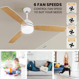 52 Inch Ceiling Fan with Lights Remote Control, Noiseless, Dimmable, 6-Speed Outdoor Ceiling Fan with Light, 3 Blade Wood Ceiling Fan with Timer, Reversible DC Motor for Patio Bedroom, White