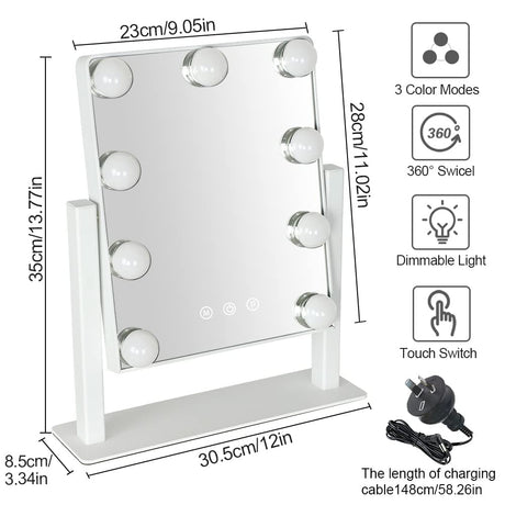 Makeup Mirror with Lights, Hollywood Light Mirror with 9 Dimmer Led Bulbs, Plug in Light-up Beauty Mirror, Touch Screen Lighted Table Set Mirror, 360°Rotation(White)