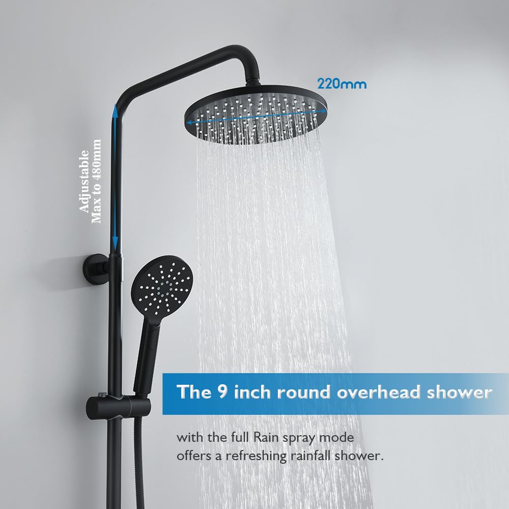 WELS Twin Hose Shower System 9" Rain Shower Head Set Sliding Rail 3-Mode Handheld Shower Head 2 in 1 Set (Round Head Black)