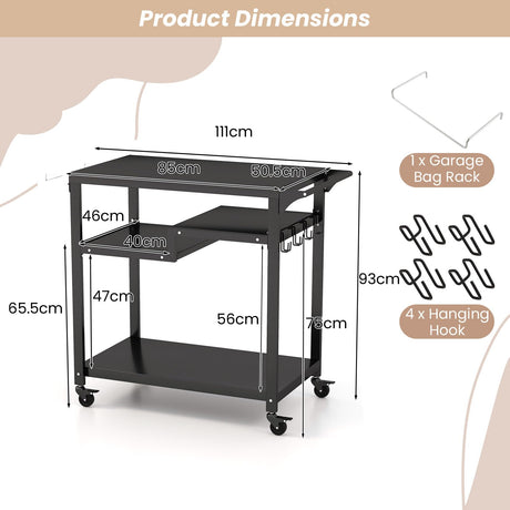 Outdoor Dining Cart Table, Pizza Oven Table, 3-Shelf Movable BBQ Cart with 4 Lockable Wheels, Hooks, Side Handle, Multifunctional Kitchen Food Prep Worktable, Portable Dining Cart BBQ Trolley