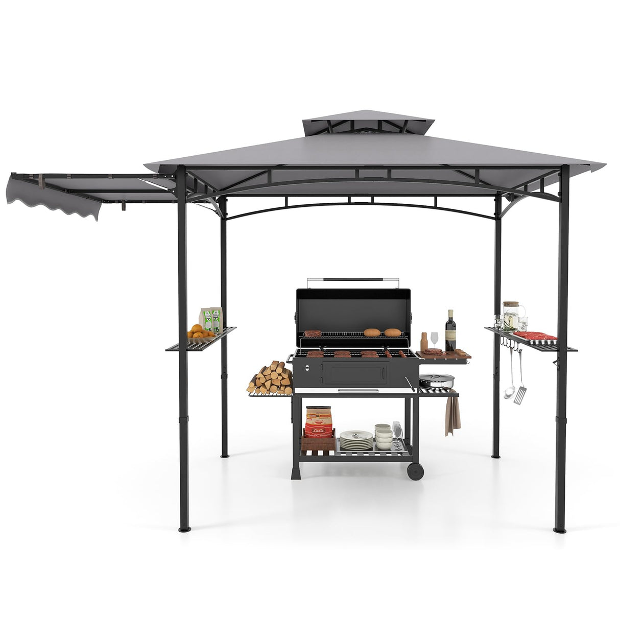 Grill Gazebo with Side Awning, 318 cm x 153 cm Outdoor BBQ Gazebo w/ 2 Side Shelves, Hanging Hooks & Bottle Opener, Double-Tiered Barbecue Canopy for Backyard, Patio, Garden, Deck