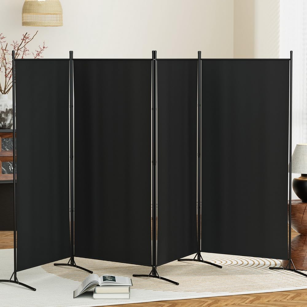 Room Divider, 4 Panels Fabric Folding Privacy Portable Screen Shelf Dividers Partition Wall Screens Home Pet Child Indoor Balcony Bedroom Furniture, Separator Water-Resistant Black