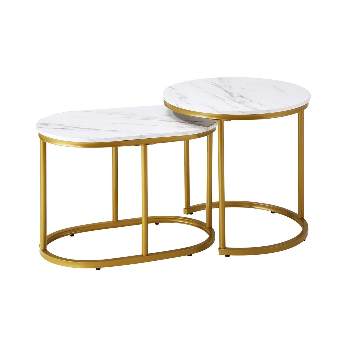 Set of 2 Coffee Table Round Marble Nesting Table Side End Table White and Gold