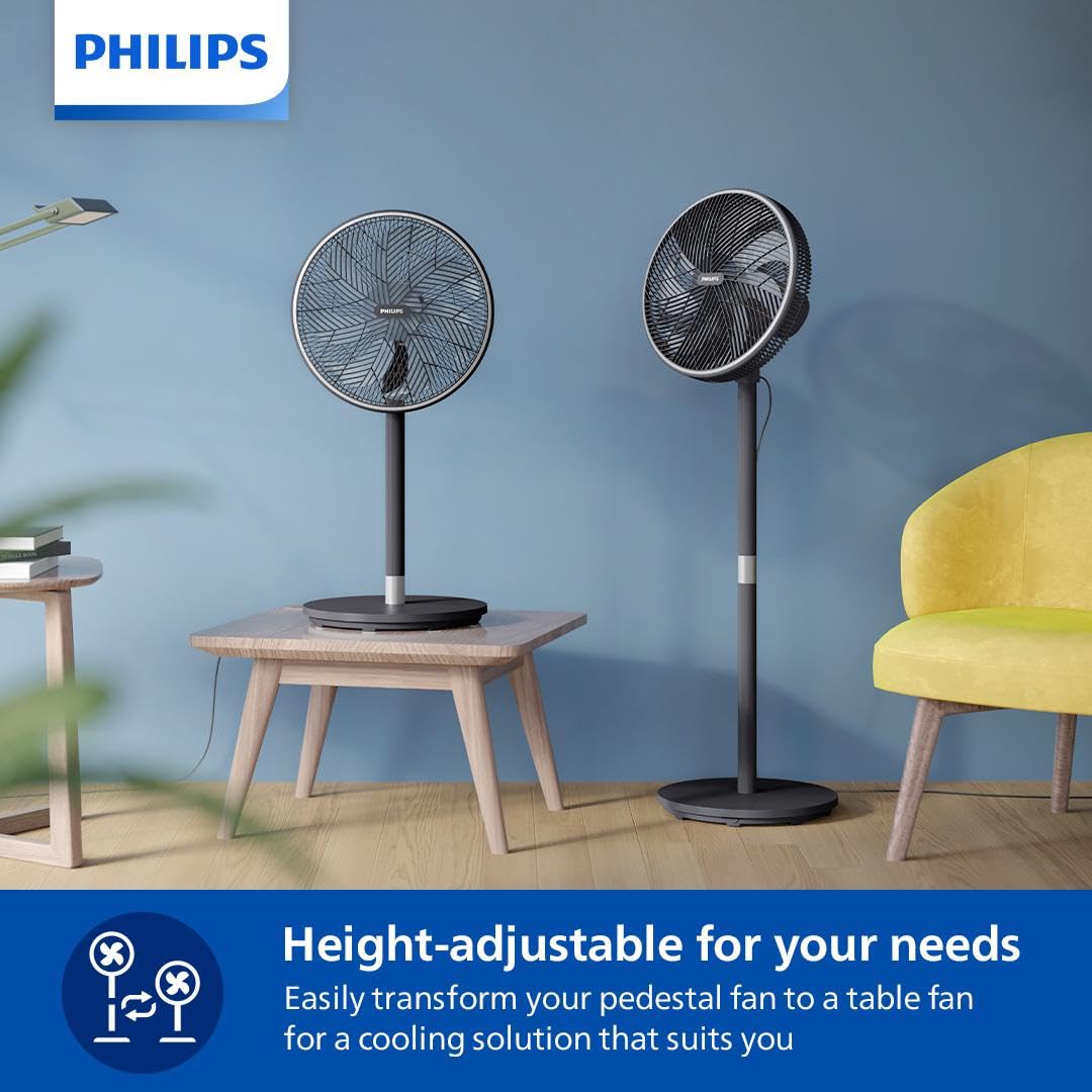 Philips Smart Pedestal Fan Series 3000, Powerful & Ultra-Quiet with SilentWings Technology, 19 dB, 2-in-1 Table & Standing Fan, Tiltable & Rotating, App Control, 12h timer, Black (CX3550/01)