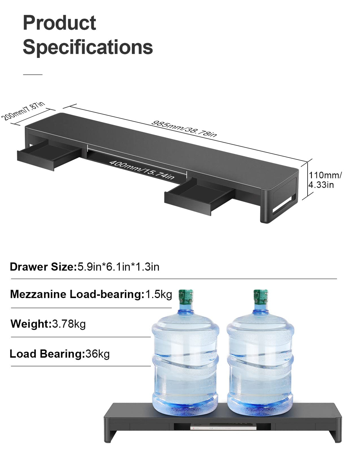 Dual Monitor Stand with 2 Storage Drawers, Metal Computer Monitor Stand, Monitor Shelf with Extendable Drawer, Keyboard and Mouse Storage, Desktop Organizer