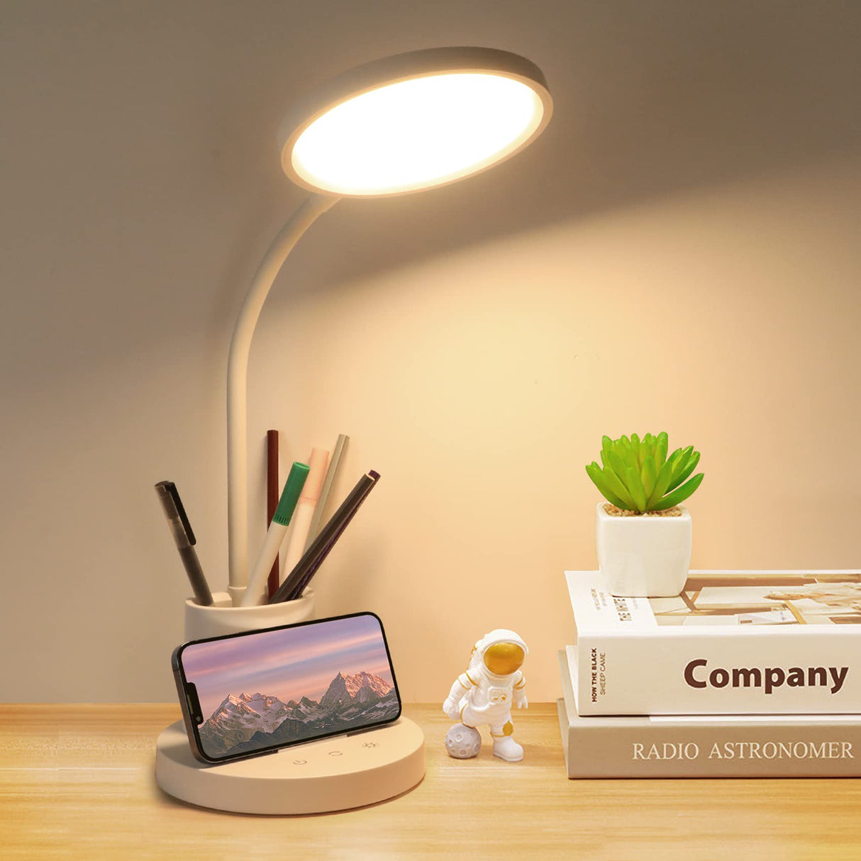 Cordless Desk Lamp, LED Desk Lamp with Pen/Phone Holder, Rechargeable Study Table Lamp with 360° Gooseneck, for Kids/Student/College Dorm/Office