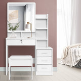 Dressing Table Mirror Makeup Space with Stool Wooden Vanity Desk Chair, Home Bedroom Furniture White Girls Kids Women Organisers, Drawers Wide Tabletop Legs Floor Standing