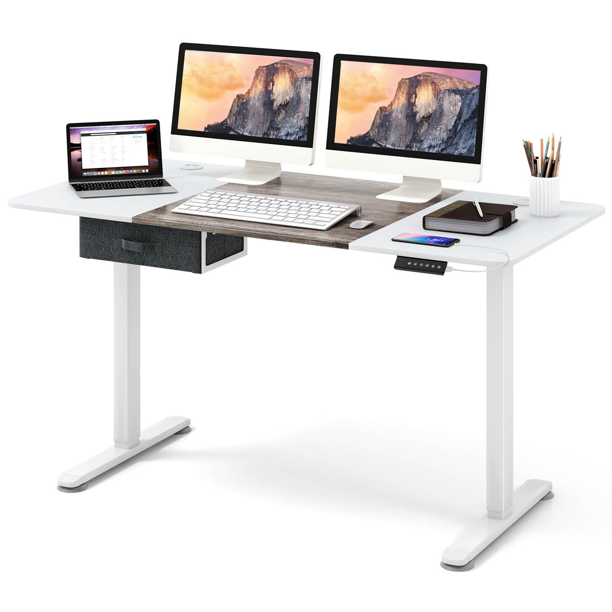 Electric Height Adjustable Standing Desk, Ergonomic Sit Stand Desk, Stand up Computer Workstation w/USB Charging Port, Storage Drawer, 2 Cable Holes, for Home Office 140 x 70 cm