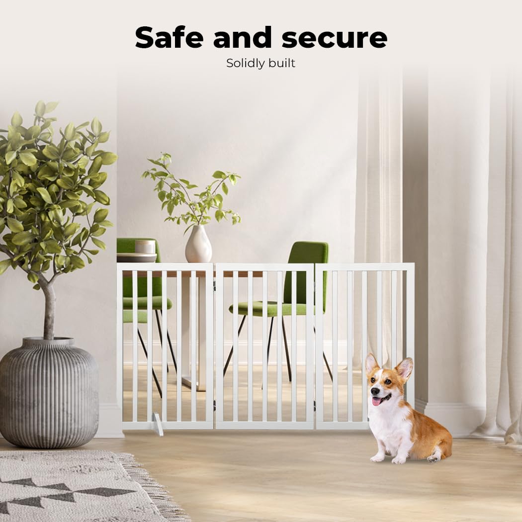 Wooden Pet Gate Dog Fence Retractable Safety Stair Barrier Security Door (White Large-139cm x 80cm x 1.8cm), Baby Playpen, Easy to Fold for Storage Cat Dog Enclosure, Include Two Support Feet