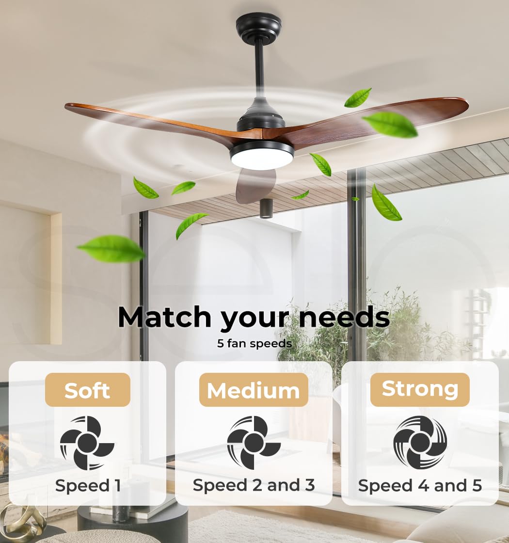 Spector 52'' Ceiling Fan DC Motor LED Light Remote Control 1300mm 5 Speed Walnut Wood Blade Reversible Airflow for Summer Winter 3 Lighting Mode Brown