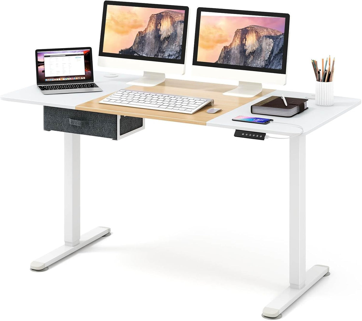 Electric Height Adjustable Standing Desk, Ergonomic Sit Stand Desk, Stand up Computer Workstation w/USB Charging Port, Storage Drawer, 2 Cable Holes, for Home Office 140 x 70 cm