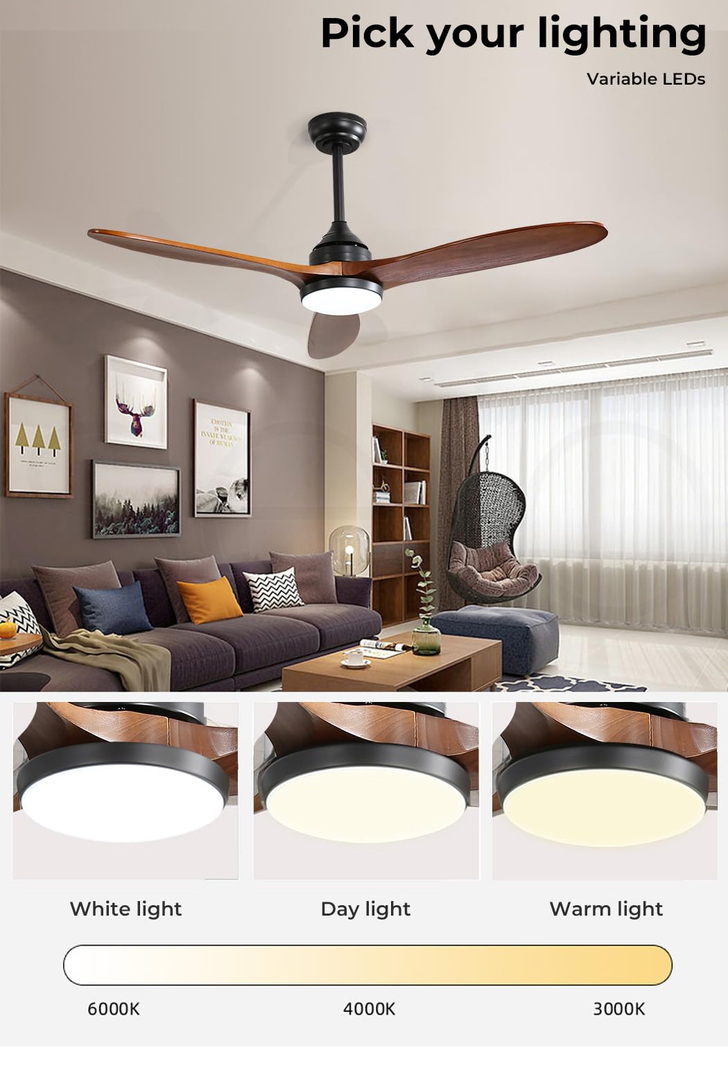 Spector 52'' Ceiling Fan DC Motor LED Light Remote Control 1300mm 5 Speed Walnut Wood Blade Reversible Airflow for Summer Winter 3 Lighting Mode Brown