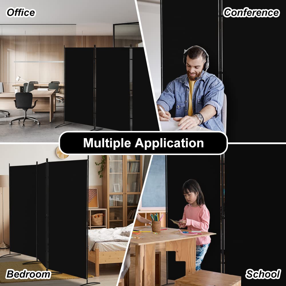 3 Panel Room Divider, 180cm Tall Folding Privacy Screen Wall Dividers, Portable Privacy Screen Freestanding Room Divider for Room Separation, Included - Cover Strips, 260cm W x 180cm H, Black