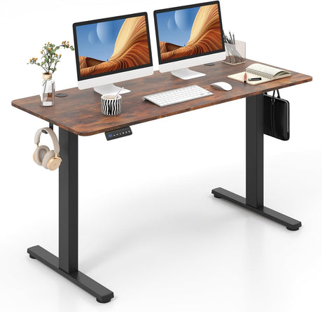 Electric Standing Desk, 140 x 60 cm Sit Stand Home Office Desk with 3 Memory Height Settings, Height Adjustable Computer Desk with 2 Hanging Hooks & Cable Management