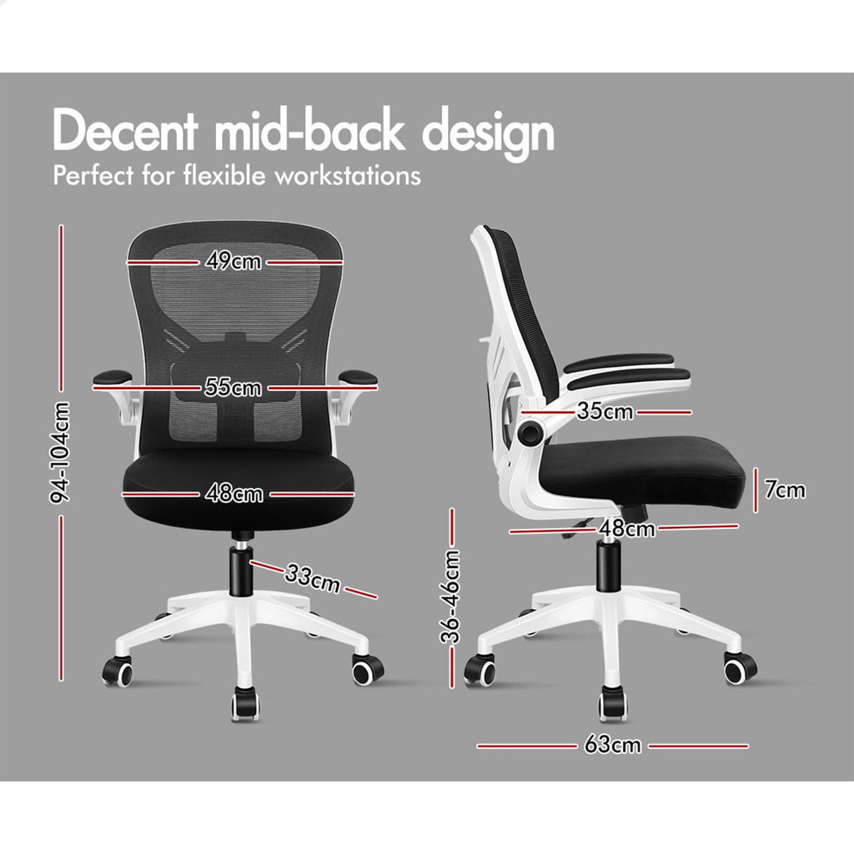 Ergonomic Office Chair Mesh for Home Office, Mid-Back Student Computer Study Desk Chair with Adjustable Flip-Up Arm & Lumbar Support, Gaming Racing Task Chair, Keldon White Black