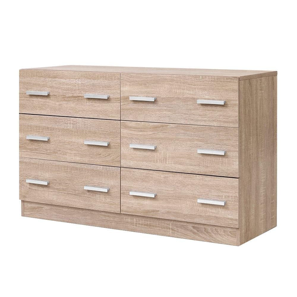 Chest of Drawers 6 Drawer Oak Tallboy, Dresser Clothes Storage Cabinet Organizer Lowboy Bedside Table Bedroom Furniture Home Living Room Hallway Entryway