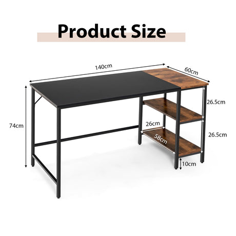 140 CM Computer Desk, Large Home Office Desk with 2-Tier Storage Shelves, Modern Laptop PC Desk with Heavy-Duty Steel Frame, Multipurpose Writing Desk Study Desk (Black)