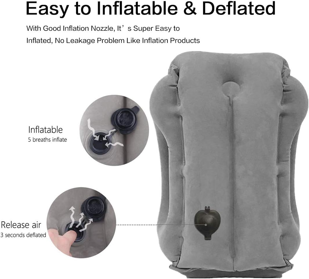 Inflatable Travel Pillow, Inflatable Airplane Pillow Comfortably Supports The Head, Neck and Chin, Inflatable Neck Pillow with Free Eye Mask/Earplugs (Grey)