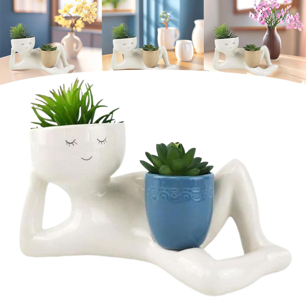 Lazy Guy Planter, Lazy Guy Planter Pots, Lazy Little Character Flowerpot, Cute Resin Flower Head Planters, Unique Little Character Succulent, for Home Garden Decoration (Blue)