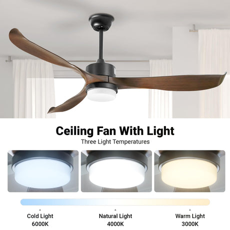 56" Modern Ceiling Fan with Lights and Remote, Black Walnut Ceiling Fan, 3 Curved Blades, Noiseless Reversible Motor, Indoor LED Ceiling Fan for Kitchen Bedroom Living Room