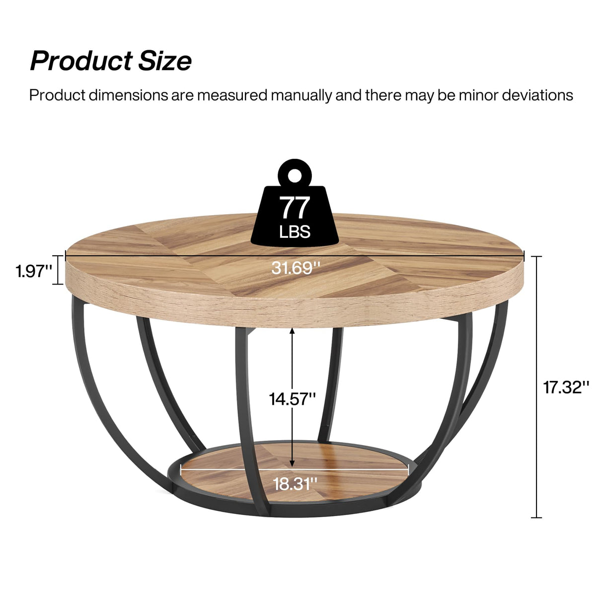 31.7" Round Coffee Table, Industrial 2-Tier Circle Coffee Table with Storage Shelves, Modern Wooden Accent Center Table Sofa Side Table for Living Room, Home Office, Wooden Grain