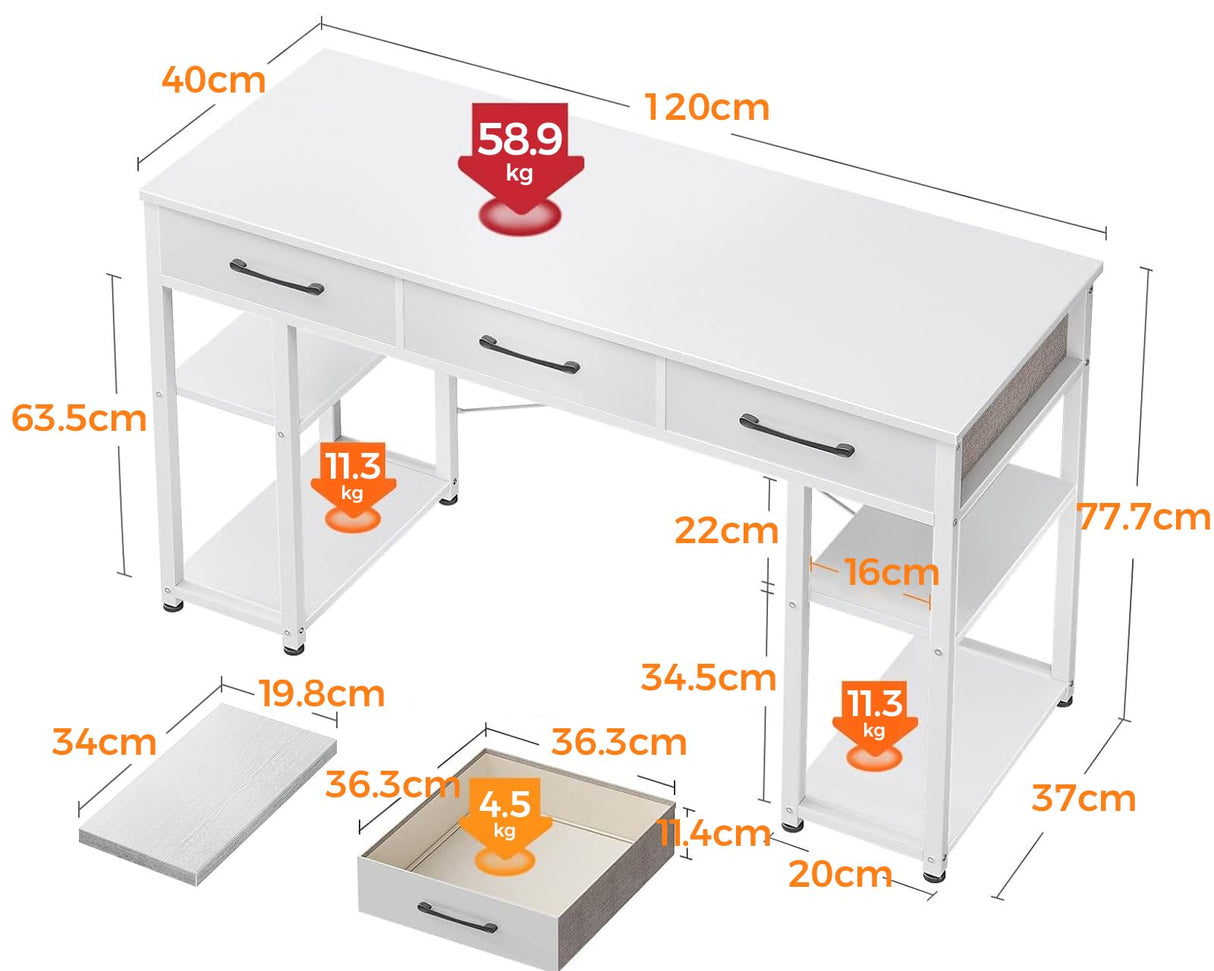 Office Small Computer Desk: Home Table with Fabric Drawers & Storage Shelves, Modern Writing Desk, 120 x 40 x 79cm,White