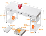 Office Small Computer Desk: Home Table with Fabric Drawers & Storage Shelves, Modern Writing Desk, 120 x 40 x 79cm,White