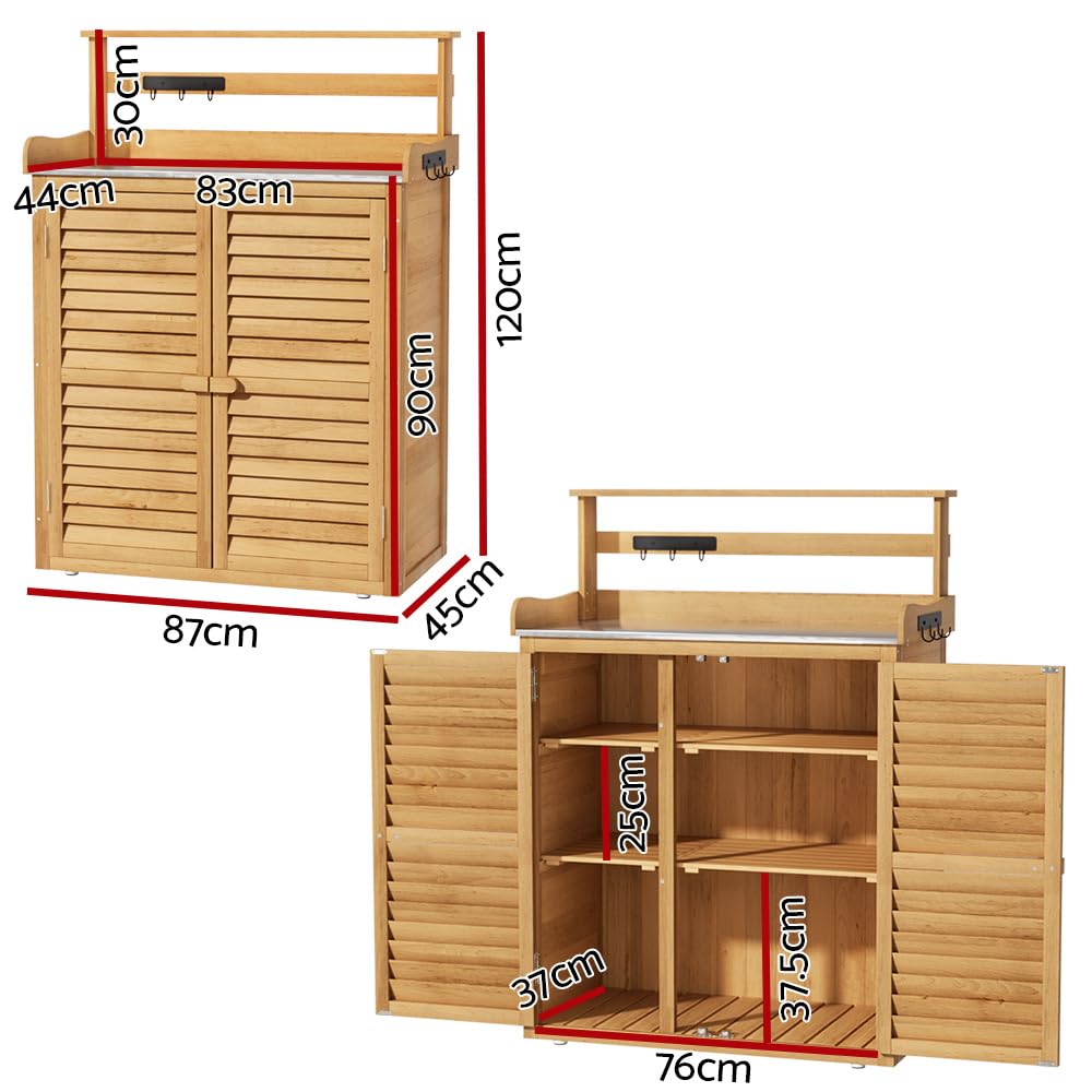 Gardeon 3-Tier Outdoor Storage Cabinet, 120cm Tall Wooden Cupboard Tool Box Garden Shed Shelving Storages Bench Tools Chest Organiser Home Furniture Garage Setting, Lockable Shelves Natural