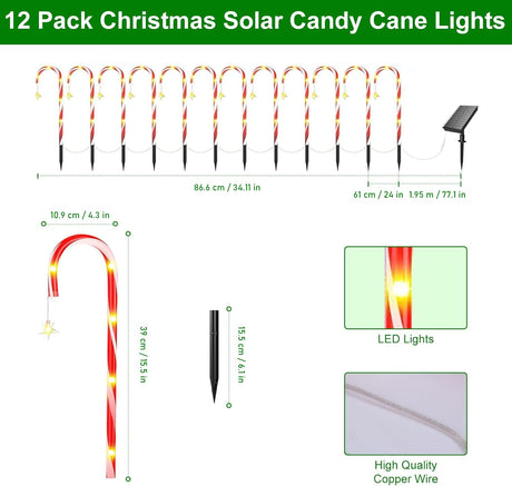 12 Pack Christmas Candy Cane Pathway Lights, Christmas Solar Stake Lights with 72 LED Lights, 8 Light Modes Christmas Decorations for Outdoor Patio Garden Yard Xmas Holiday