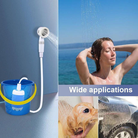 Portable Camping Shower Pump - Rechargeable Outdoor Shower Head Sprayer, Pumps Water from Bucket. Experience Refreshment Anywhere, Perfect for Camping, Hiking, Travel, Car Washing & Pet Cleaning