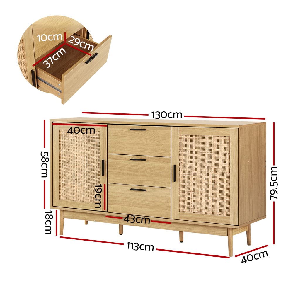 Buffet Sideboard Rattan with 3 Drawers Doors and Adjustable Inner Shelves Pantry Cupboard Corner Cabinet, Kitchen Storage Table Display Organizer Dining Furniture Living Room Home