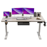 Height Adjustable Electric Standing Desk with Drawer, 63 x 30 Inch (160x76CM) Stand Up Table, Computer Desk with Splice Board, Home Office Computer Ergonomic Desk, Oak Top + White Frame