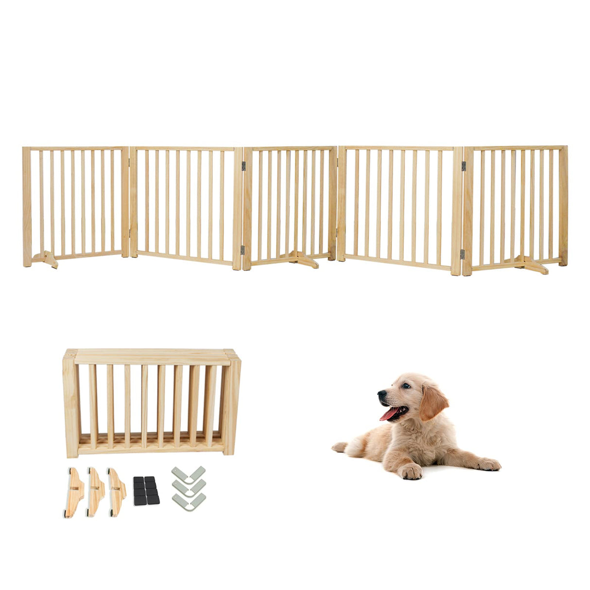 Freestanding Wooden Dog Gates -Foldable Pet Gate Indoor Dog Fence, Dog Gate for Doorways, House, Stairs, Halls-5 Panel 16.9"