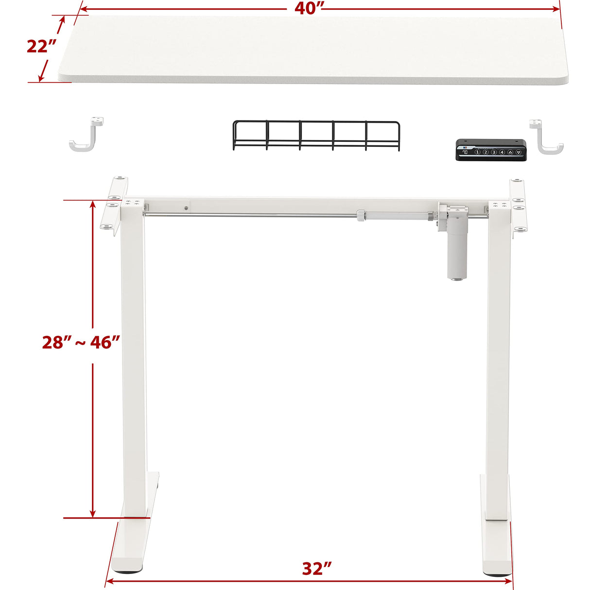 Electric Height Adjustable Sit Stand Desk with Hanging Hooks and Cable Management, 100 x 55 cm