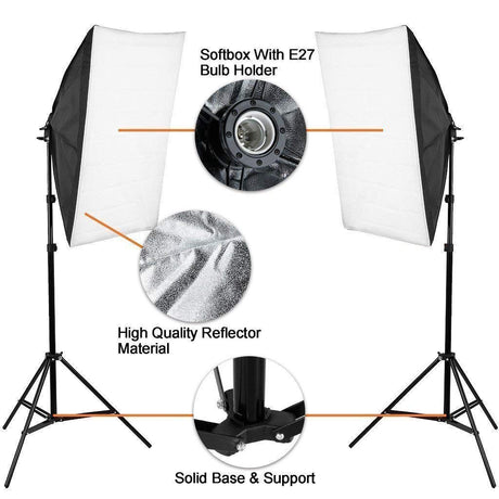 500W Continuous Lighting 50 x 70cm Softbox kit and Black White Gray Green Backdrops Soft Box Lighting Kit Portable Photo Studio with 2 x 25W LED Bulbs (AU Plug E27 Socket)