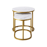 Set of 2 Coffee Table Round Marble Nesting Table Side End Table White and Gold