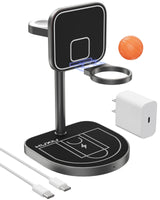 3-Point Power 3 in 1 Charging Station for Apple, KU XIU X85 Aluminum Alloy Magnetic Wireless Charger Stand with Mini Basketball & Hoop for iPhone 16/15/14/13/12, 5W for Apple Watch, AirPods, Black