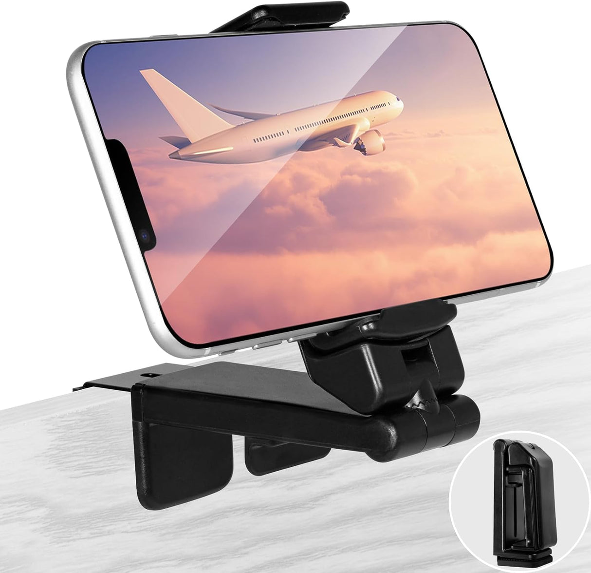 Airplane Phone Holder Travel Essentials, Multi-Directional 360° Degree Rotation, Pocket-Sized Universal Handsfree Phone Mount for Flying Home Kitchen Office and Travel Accessories Must Haves (Black)