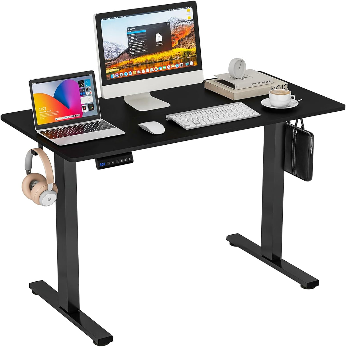 Electric Standing Desk, 140 x 60 cm Sit Stand Home Office Desk with 3 Memory Height Settings, Height Adjustable Computer Desk with 2 Hanging Hooks & Cable Management